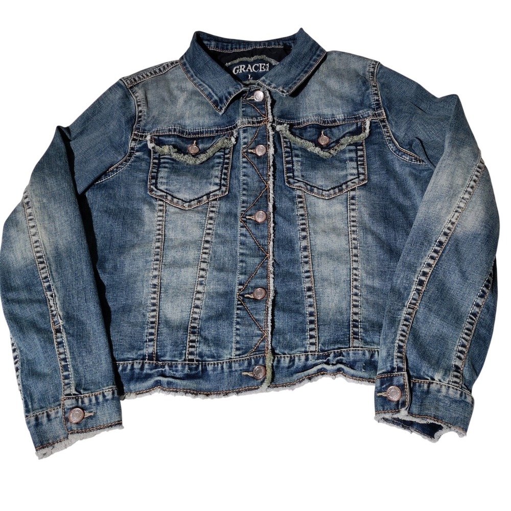 EUC Grace In LA Long Sleeve Blue Denim Fading Jean Jacket Women's Sz Large